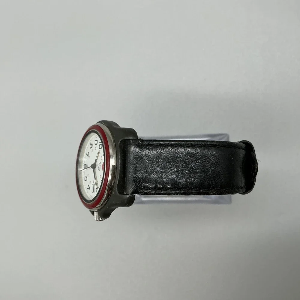 Swiss Army Mens Watch 33mm White Dial Black Leather Red Bezel New Battery